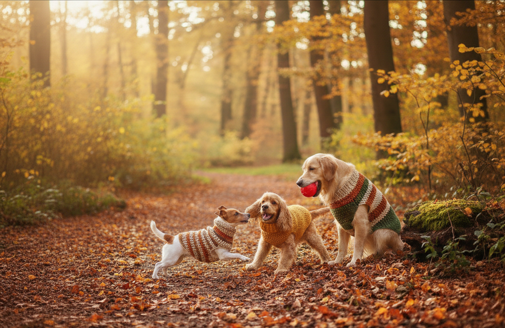 Three dogs in colorful sweaters playing in a forest with autumn leaves.